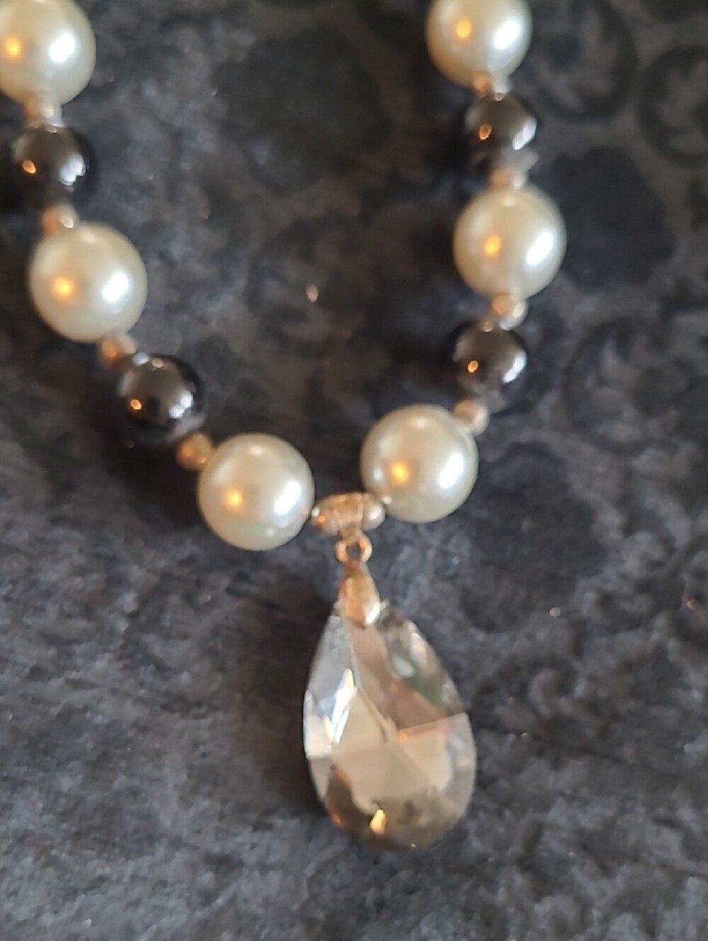 Handmade Silver Faux Pearl, Black and Silverplated Toggle Necklace With Pendant - Picture 2 of 4